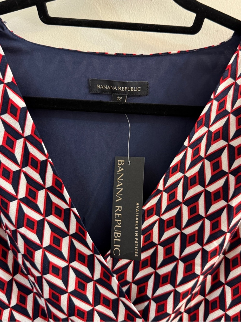 Banana Republic NWT Faux Wrap Midi Dress Size 12 Geometric Red Navy White Lined - Picture 2 of 14